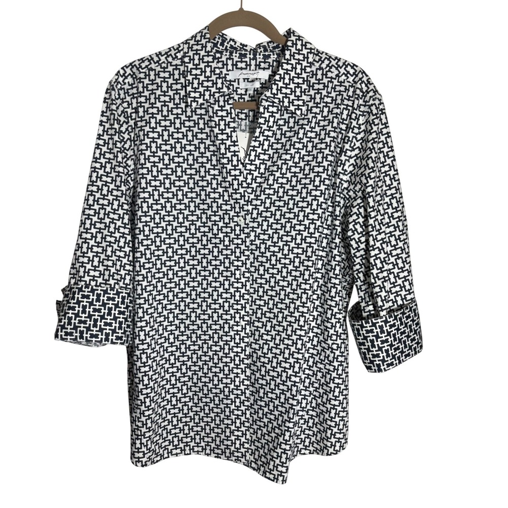 Foxcroft NYC Womens XXL Navy White Geometric Chain Print Button Shirt NWT